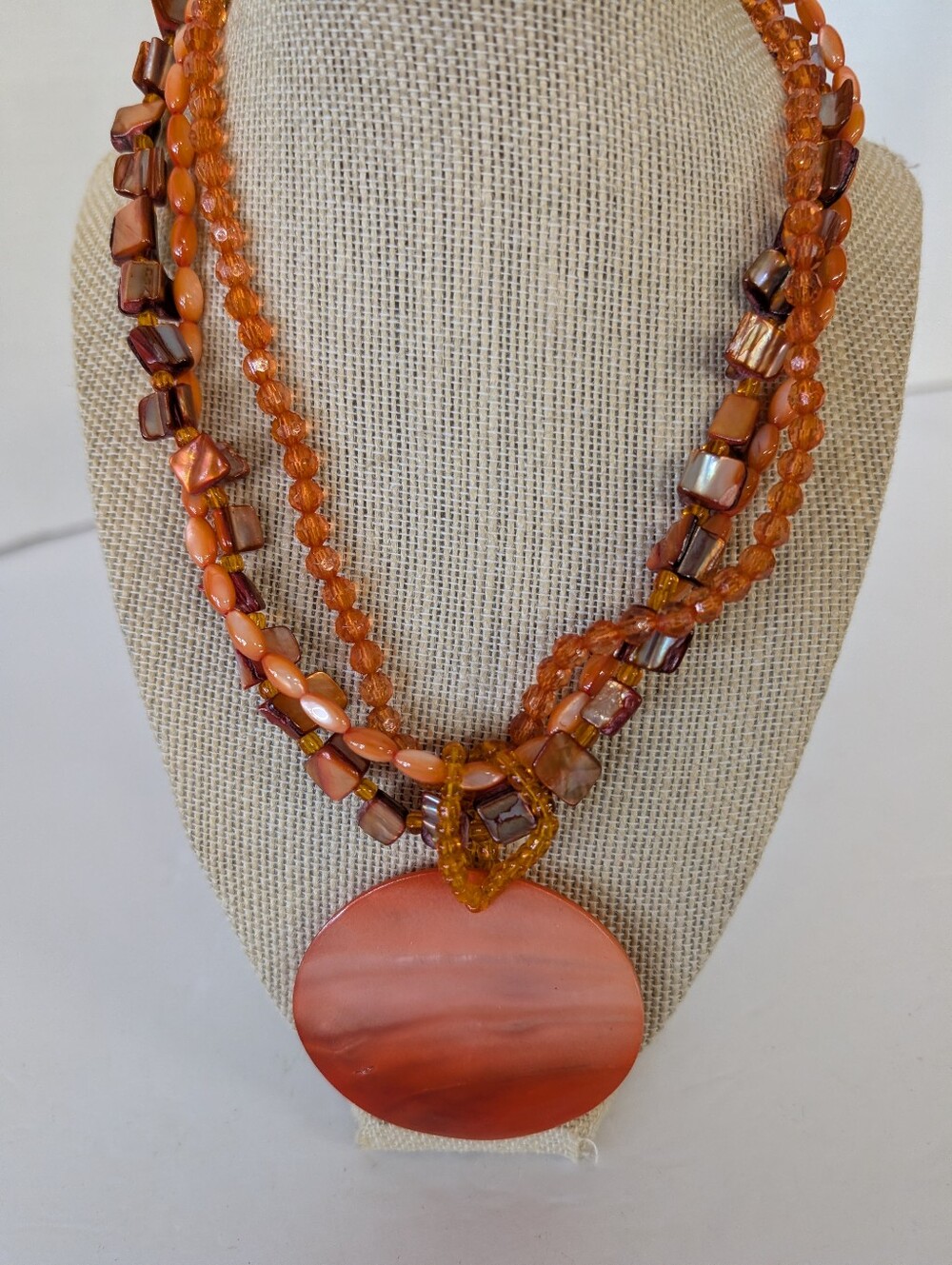 Vintage Necklace Orange Medallion Multi-Strand Beaded Necklace  Round Pendant